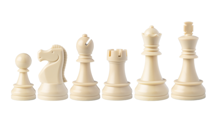 Black and white chess pieces floating on white background