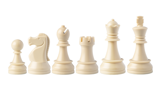 Black and white chess pieces floating on white background