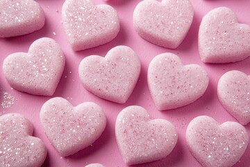 Obraz premium Pink heart-shaped sugar cubes on light pink surface with glitter