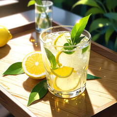 Fresh orange juice in glass cup next to a sliced orange