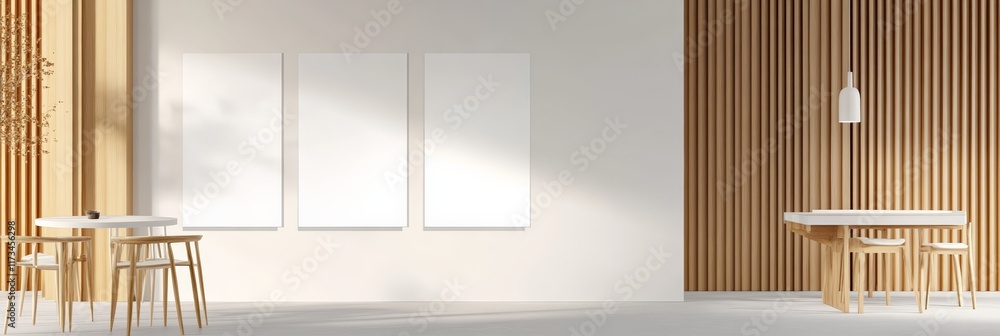 Poster sunlight illuminates a minimalist interior featuring three blank canvases on a wall. providing a spa