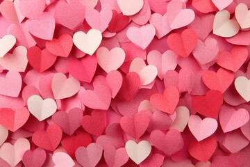 Colorful paper hearts background in shades of pink and red