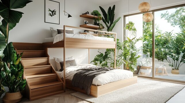 Cozy modern bedroom with a bunk bed, green plants, and natural light.