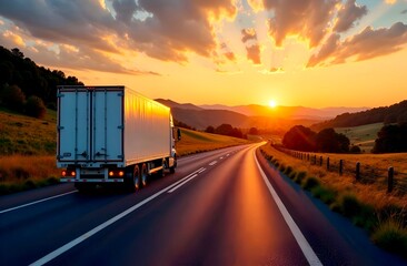 White refrigerated truck driving down the motorway at sunset carrying groceries, building materials, background with copy space and mockup