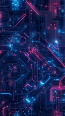 Obraz premium A vibrant digital abstract background featuring a futuristic neon circuit board with glowing blue and pink lights.