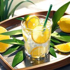 Fresh orange juice in glass cup next to a sliced orange