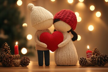 Knitted figurines embrace heart amid festive lights and pine cones