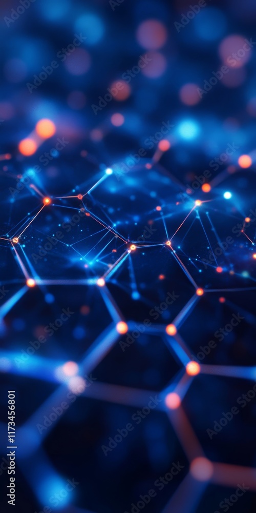 Poster abstract image of a digital network with interconnected hexagonal patterns illuminated in blue and o