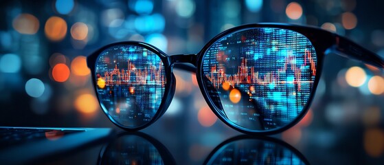 Financial trade and stock market concept, close up of eyeglasses, smartphone, and laptop with glowing blue forex chart, blurry background, double exposure, growth visualization