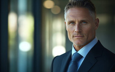 Fototapeta premium Headshot of a confident man wearing a suit and tie, with a corporate office background, captured with a shallow depth of field for a professional and focused look.