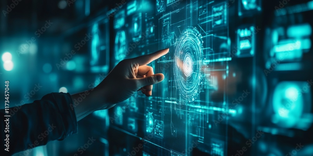 Poster a hand pointing at a screen with a blue background. the screen is filled with many small squares and