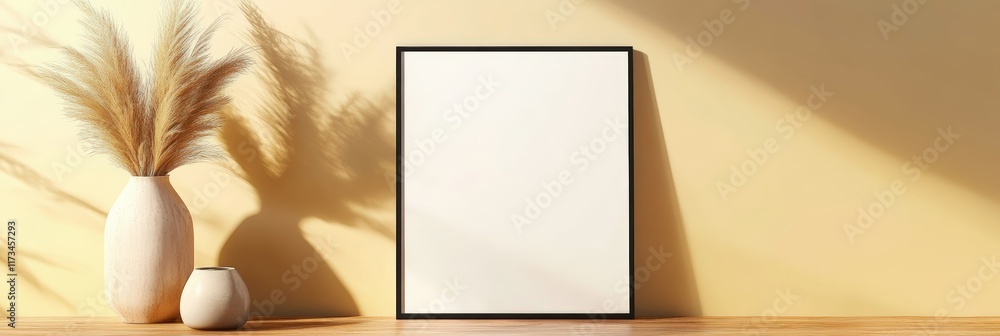 Poster modern interior design featuring a blank frame mockup leaning against a wooden table, accented by pa