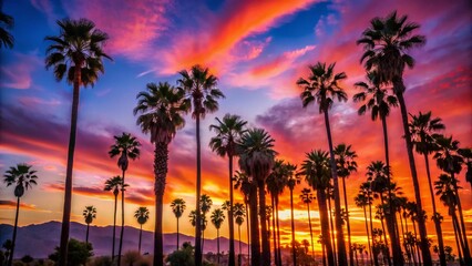 Obraz premium Palm Springs Sunset: Tall Palm Trees Silhouette Against Vibrant Pink Sky, Coachella Valley