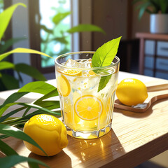 Fresh orange juice in glass cup next to a sliced orange