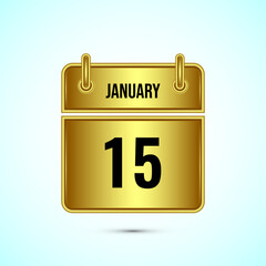 January 15 calendar and time planner on gold background. Daily calendar icon, schedule symbol