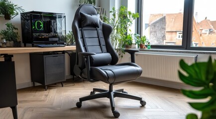 Modern ergonomic office chair in a stylish workspace with greenery.