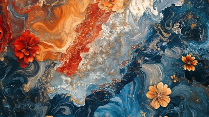 Diagonal floral paisley pattern with colorful textures in blue, orange, and red 