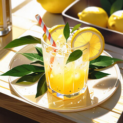 Fresh orange juice in glass cup next to a sliced orange