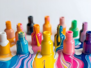 nail polish bottles, marbled paint, colorful swirls, abstract design