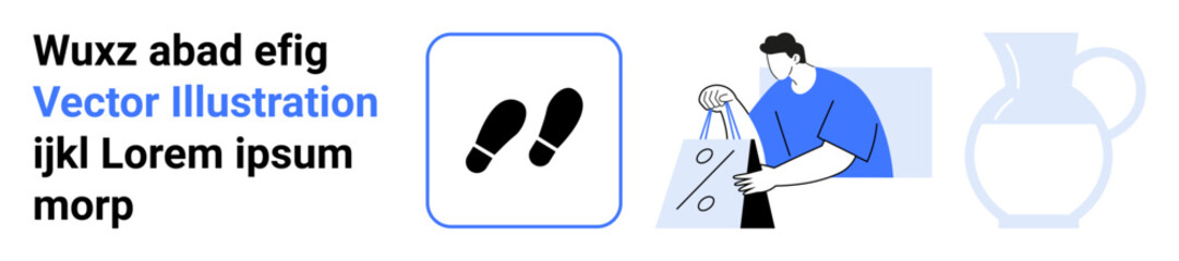 Male character carrying a shopping bag with a discount sign, footsteps icon, and pitcher outline. Ideal for online shopping, e-commerce, discounts, retail marketing, shopper behavior, sales