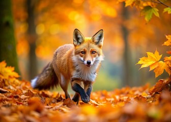 Fototapeta premium Panoramic Autumn Forest: A Cute Red Fox Running Through Orange Leaves in Czech Republic