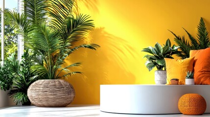 A bright, inviting interior featuring lush greenery, vibrant orange cushions, and a stylish white table against a sunny yellow wall.