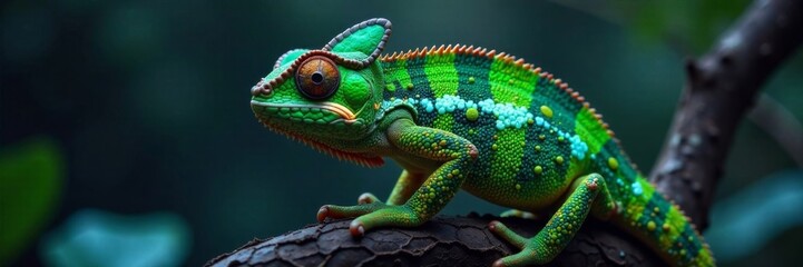 Fototapeta premium Iridescent green chameleon blending into dark space, nature, camouflage