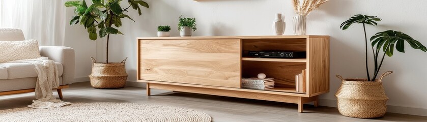 Modern living room interior with wooden furniture and plants creating a cozy atmosphere.
