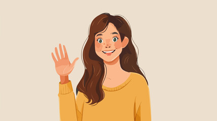 Cheerful young woman greeting with waving hand gesture in cartoon style