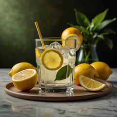 Fresh orange juice in glass cup next to a sliced orange