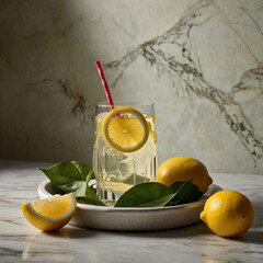 Fresh orange juice in glass cup next to a sliced orange