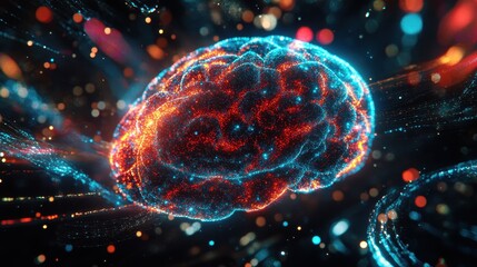 Brain, neural networks, glowing pink neurons, electric synapses, 3D render, futuristic, anatomical visualization, neon colors, dark background, high detail, scientific illustration, digital art, cyber