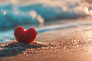 Red heart-shaped object on sandy beach at sunset with ocean waves in background