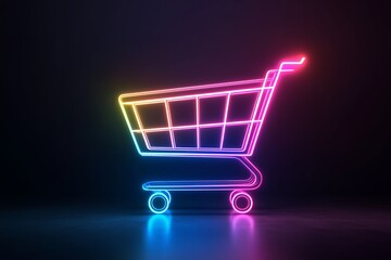 Glowing neon shopping cart on dark background, symbolizing online shoppxing, ecommerce, and modern retail. Bright, futuristic design.