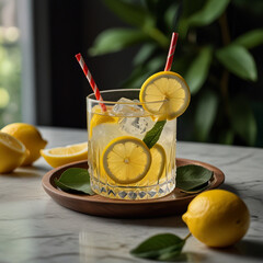 Fresh orange juice in glass cup next to a sliced orange
