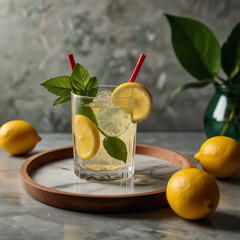 Fresh orange juice in glass cup next to a sliced orange