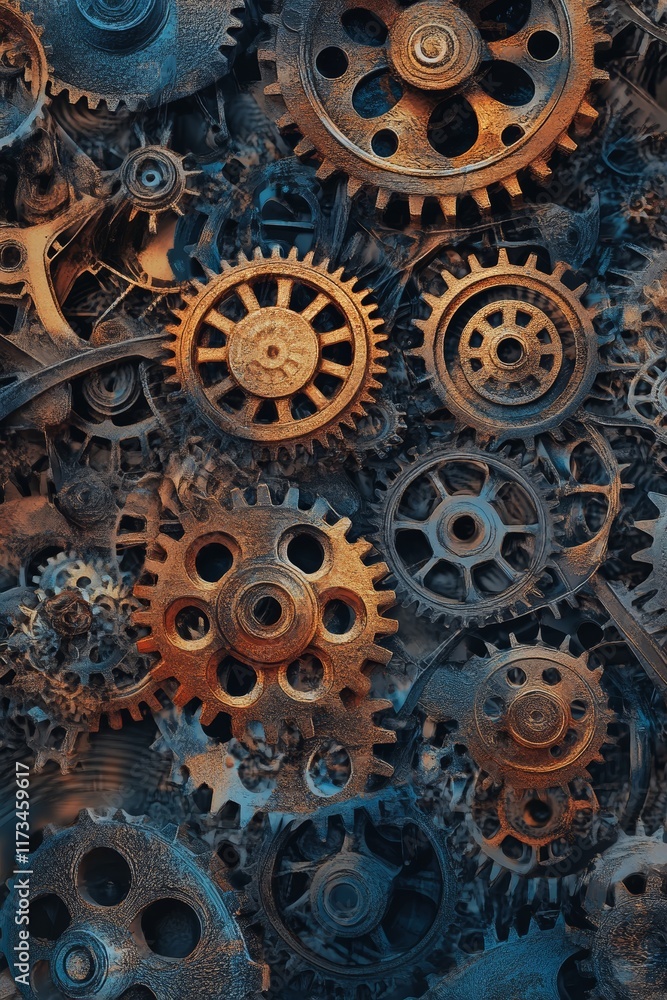 Poster a close up of a bunch of gears with some of them being gold. the gears are all different sizes and a