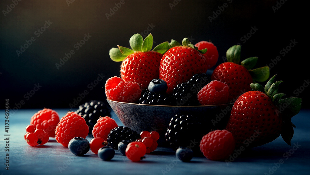 Poster fresh berries display in a rustic bowl on a textured table