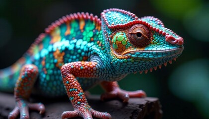 Fototapeta premium Iridescent scales glisten on veiled chameleon's skin, shimmering with dew, skin texture, veiled chameleon
