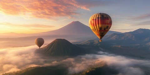 Obraz premium Majestic Mount Fuji at sunrise, hot air balloons floating above misty clouds, vibrant orange and pink sky, serene landscape, dreamy atmosphere, aerial view, panoramic composition, ethereal lighting, r