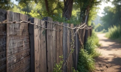 Tangled barbed wire mesh leaning against a weathered wooden fence post in the midst of a dense thicket , chaos, fence post