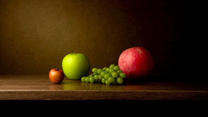 Vibrant fruits arranged elegantly on a wooden table