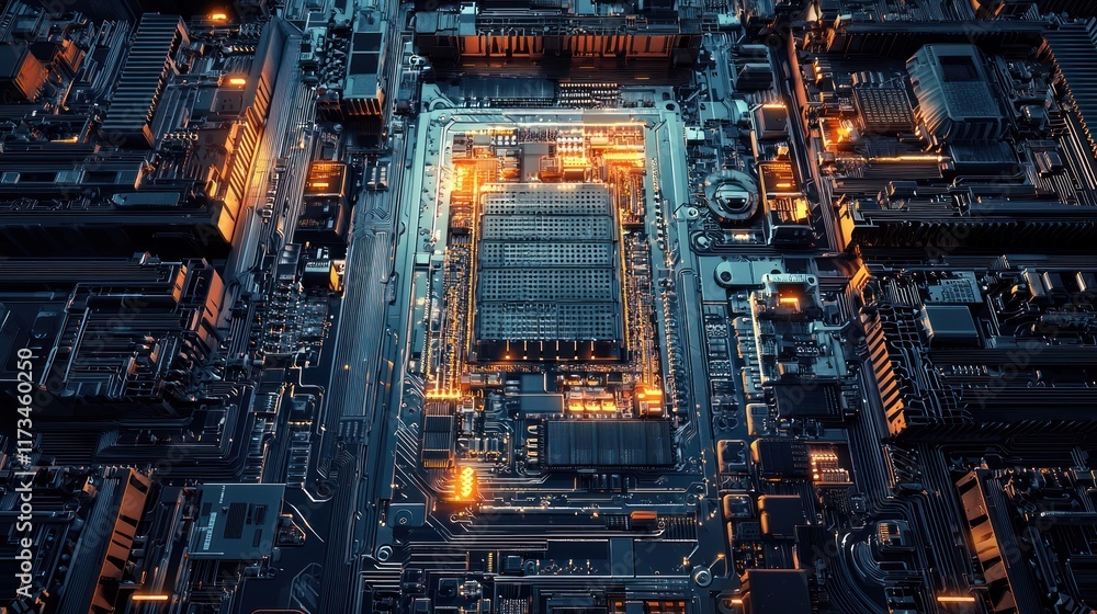 Poster intricate circuitry: a 3d render of a motherboard's complex design