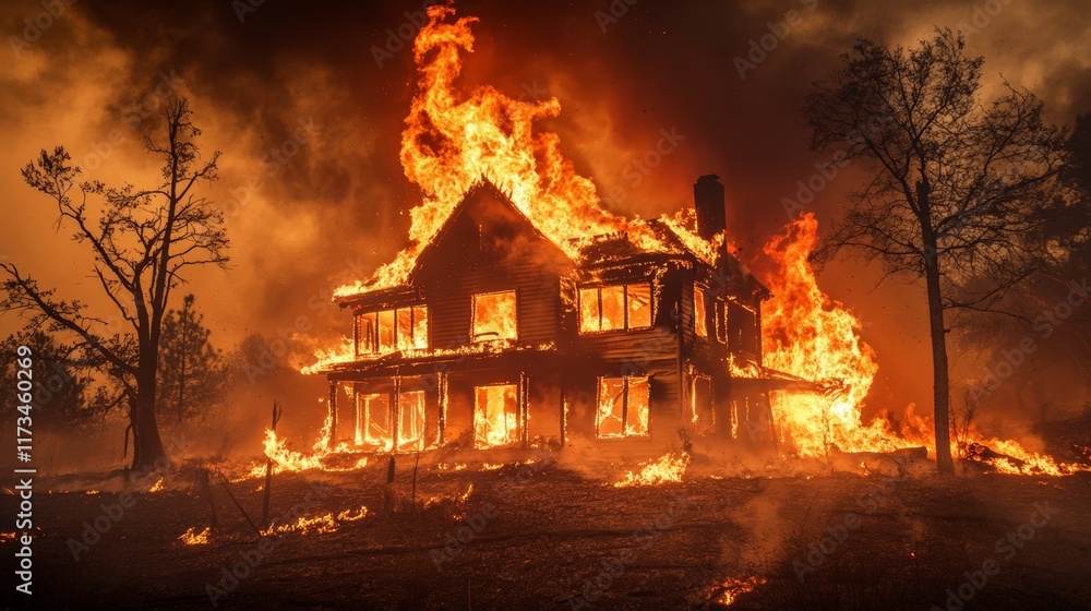 Poster wildfire raging through a house at night, creating a striking scene of destruction while underscorin