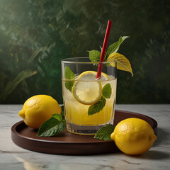 Fresh orange juice in glass cup next to a sliced orange