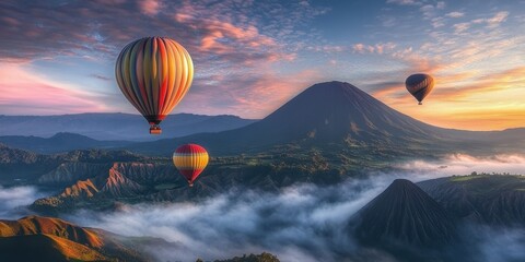 Fototapeta premium Majestic Mount Fuji at sunrise, hot air balloons floating above misty clouds, vibrant orange and pink sky, serene landscape, dreamy atmosphere, aerial view, panoramic composition, ethereal lighting, r