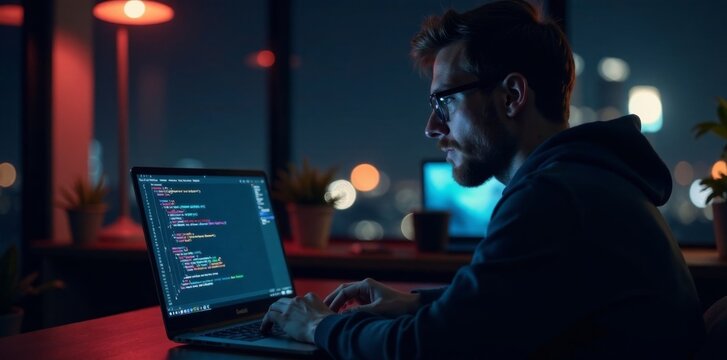 IT technician working late at night in front of a laptop screen with lines of code and programming tools displayed, late night coding, programming
