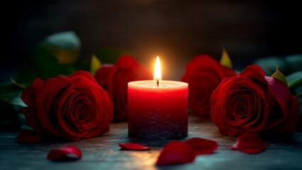 Romantic ambiance created by a red candle and roses at night