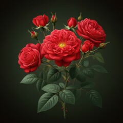 Vibrant red roses, lush green leaves, dark moody background, oil painting style, realistic botanical illustration, romantic floral arrangement, dramatic lighting, rich textures, vintage aesthetic, gar