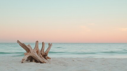Fototapeta premium Driftwood rests on a pristine white sand beach as gentle waves lap the shore, bathed in the warm, pastel hues of a breathtaking sunset, evoking a sense of tranquility and peace